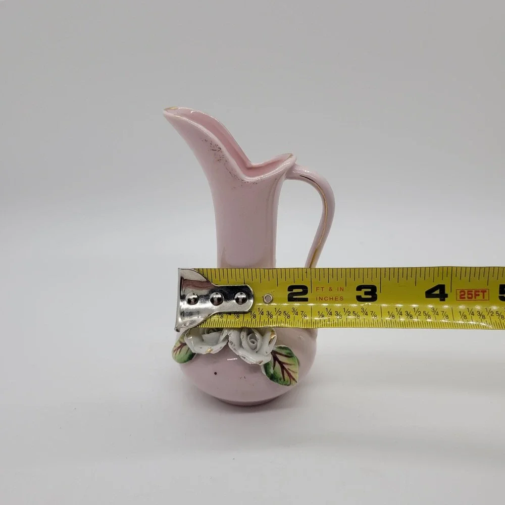 Vintage Betson Hand Painted Pink Ceramic Rose Bud Vase Pitcher Gold Trim‎ 4.5
